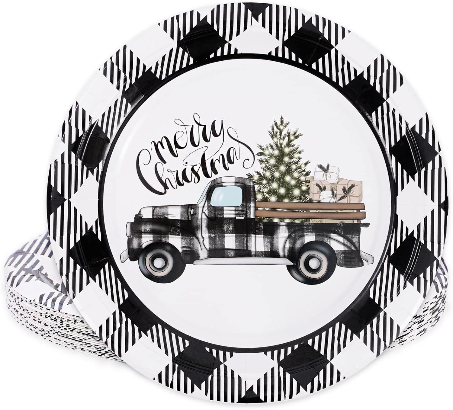 Whaline Christmas Paper Plates White Black Plaid Truck Xmas Tree Round Disposable Plates 9 Inch Merry Christmas Flower Decorative Tableware for Christmas Holiday Dinner Birthday Party Supplies, 24Pcs