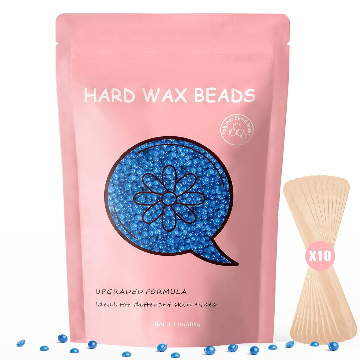 Wax Beads for Hair Removal, Bouvetan 1.1Lb/ 17.6oz Hard Wax Beads for Brazilian Waxing, Hard Wax for Eyebrow, Face, Bikini, Legs, Arms for Women Men Hair Removal with 10pcs Wax Spatulas (Blue)