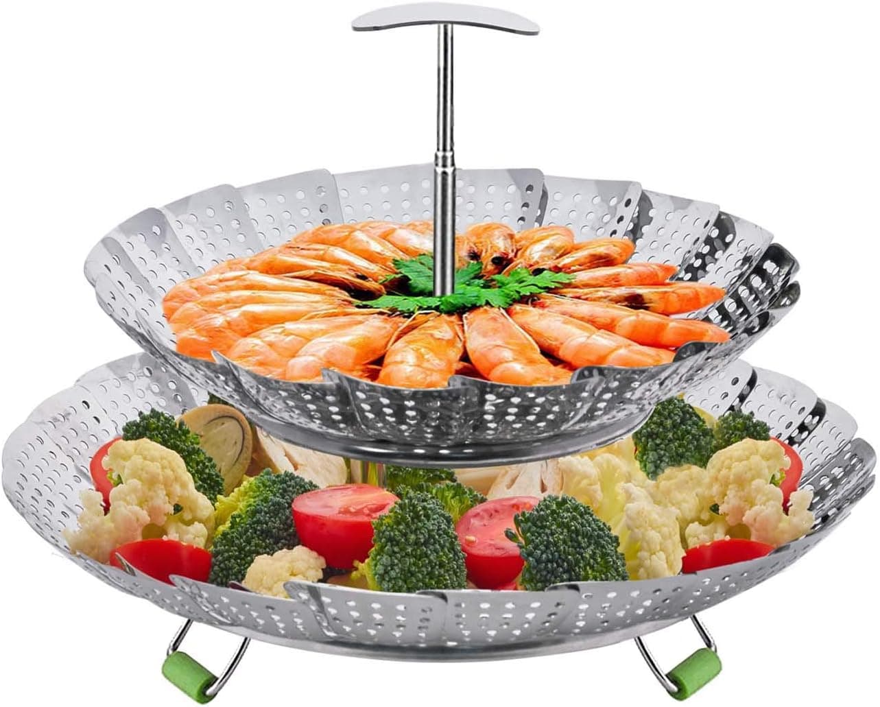 LHS Food Steamer Basket, Double Layer Stainless Steel Kitchen Steamer Collapsible Steamer, Insert for Veggie Fish Seafood Cooking, Expandable to Fit Various Size Pot (7.5" to 11.4") Small & Large