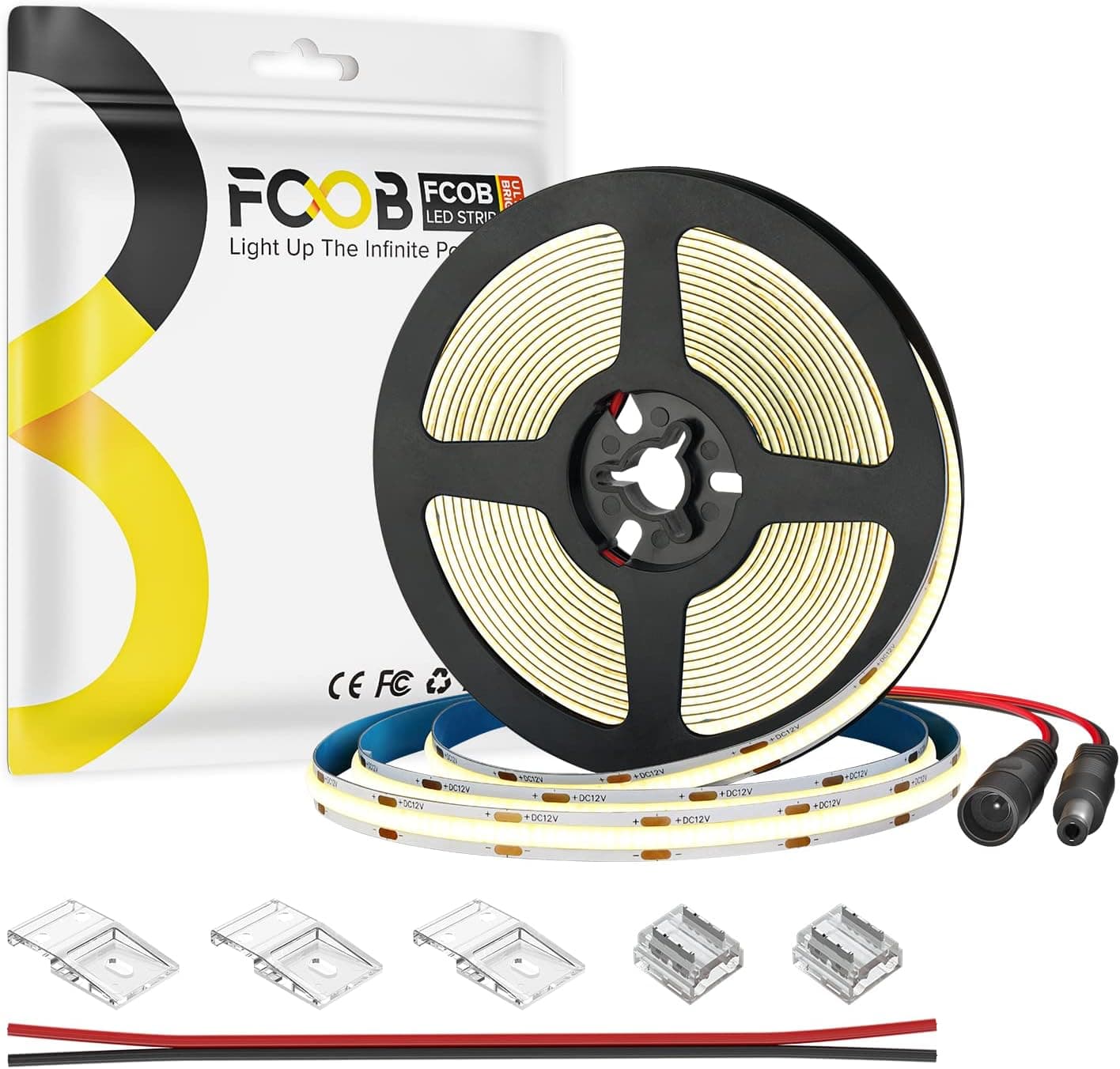 FCOB COB LED Strip Light Flexible High Density Uniform Bright Warm White 3000K 320LEDs/m 9W/m 16.4FT/5M DC12V 8mm Width CRI90+ Dimmable LED Tape Light for Kitchen Bedroom Home Indoor DIY Decoration