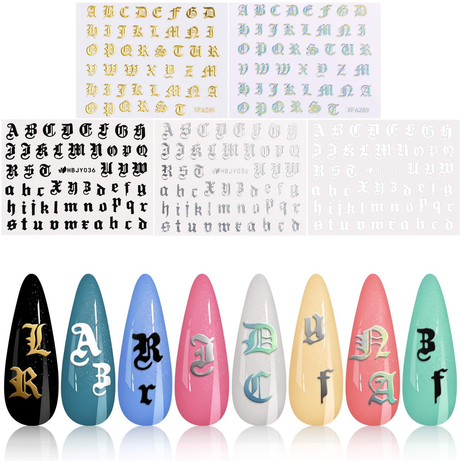 3D Letter Nail Art Sticker, KISSBUTY 5 Colors Letter Words Old English Alphabet Nail Decals Ultra Thin Gummed Character Nail Adhesive Sticker Nail Art Decoration