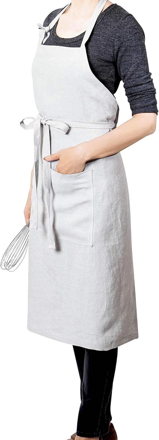 LK PureLife Stonewashed 100% French Linen Apron-Adjustable with Pockets for Women Men-Dove Grey