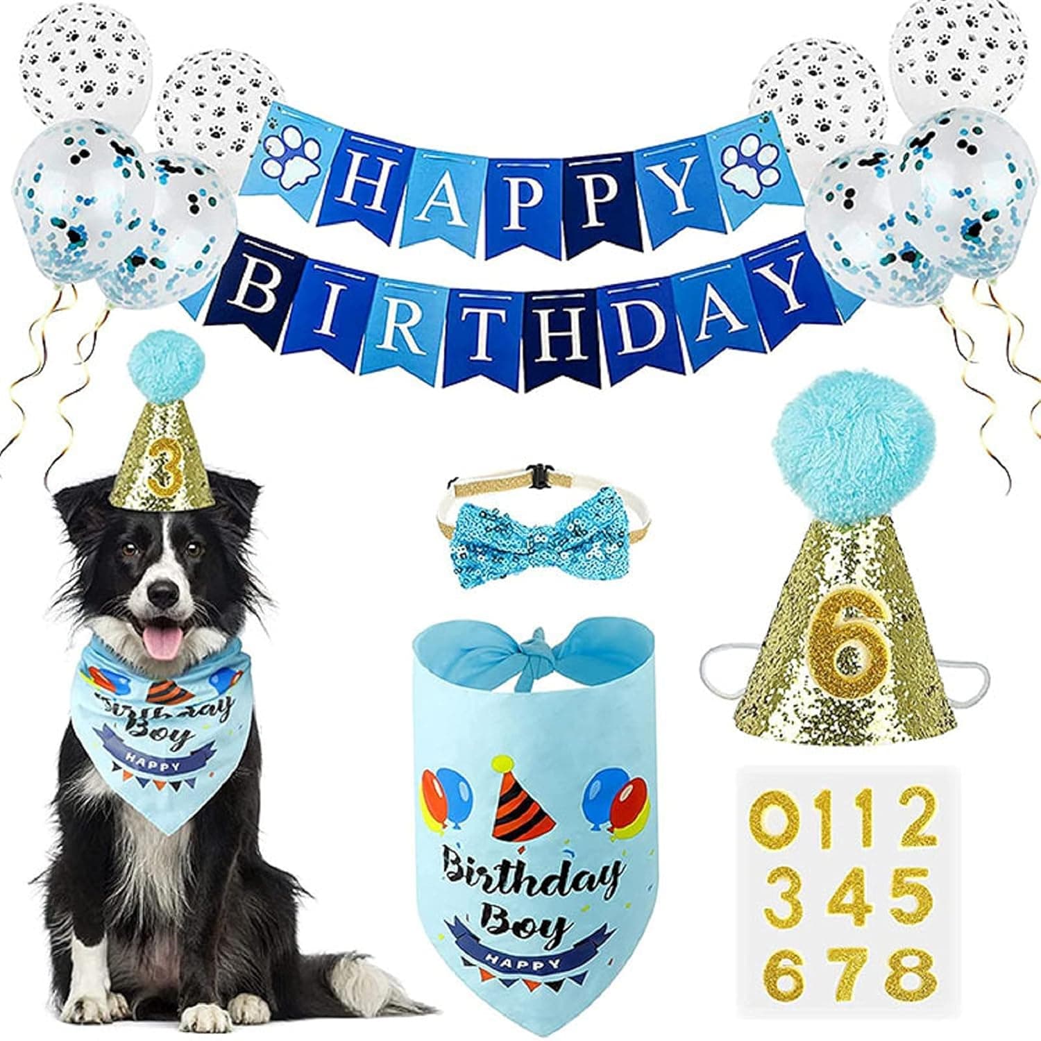 Wentisey Dog Birthday Bandana, Birthday Party Decorations Boys Party Supplies Hat Happy Birthday Banner 0-9 Years Old Bowtie Puppy's Birthday Decoration Paw Confetti Balloons Blue Pet 15 Pcs
