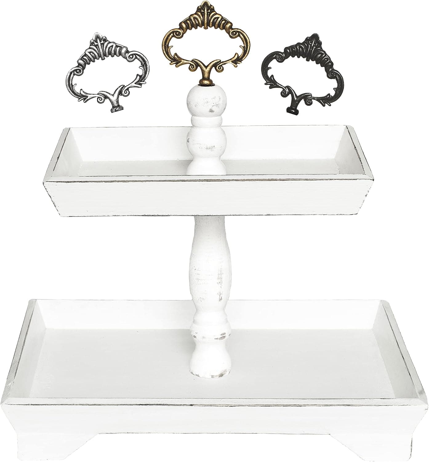 Rustic Wood Two Tiered Tray by Felt Creative Home Goods, Rectangle 2 Tier Serving Tray for Coffee Bar, Kitchen Counter, Dining Room Table, Cupcake Stand, Holiday and Farmhouse Decor (Rustic White)