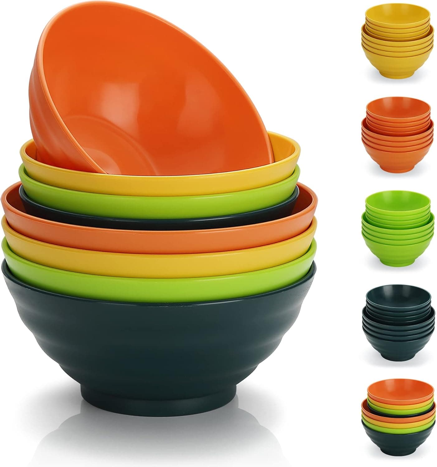 Evanda Plastic Bowls Set of 8 Pieces, 2 Sizes 17/34oz Unbreakable Reusable Light Weight Bowl for Cereal, Noodle, Soup, Pasta, Ramen, Popcorn, Fruit, Salad and All Purpose