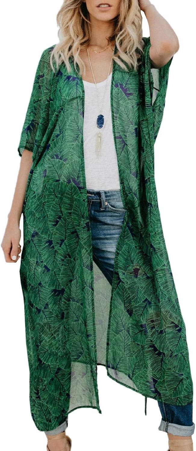 Chunoy Women's Loose Lightweight Chiffon Wrap Kimono Cardigan Sheer Tropical Palm Floral Belt Beach Wear Cover Up Deep Green Small