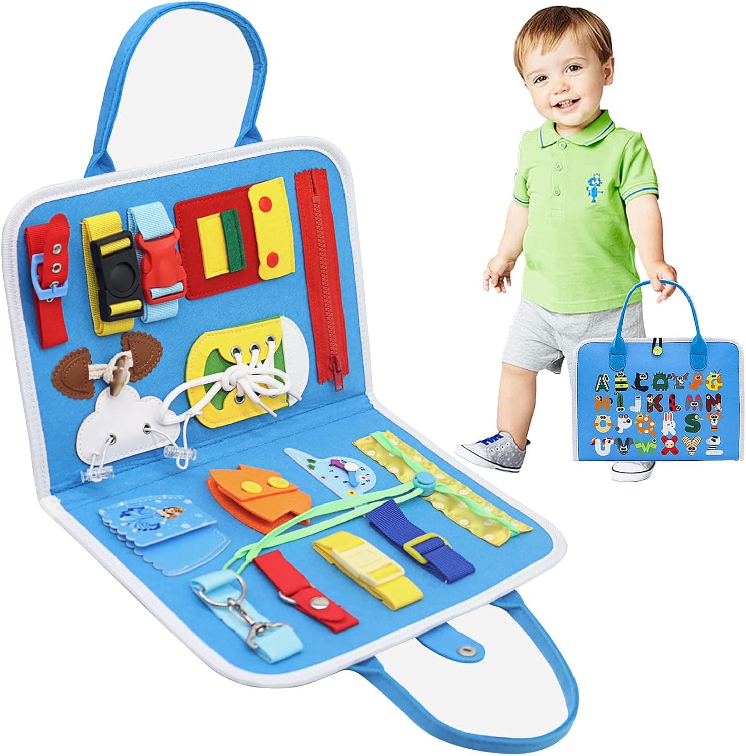 Toddlers Busy Board, Montessori Toys Sensory Activity Board for Learning Fine Motor Skills, Preschool Educational Developmental Portable Travel Toys Gifts for 1 2 3 Year Old Boys and Girls (Blue)
