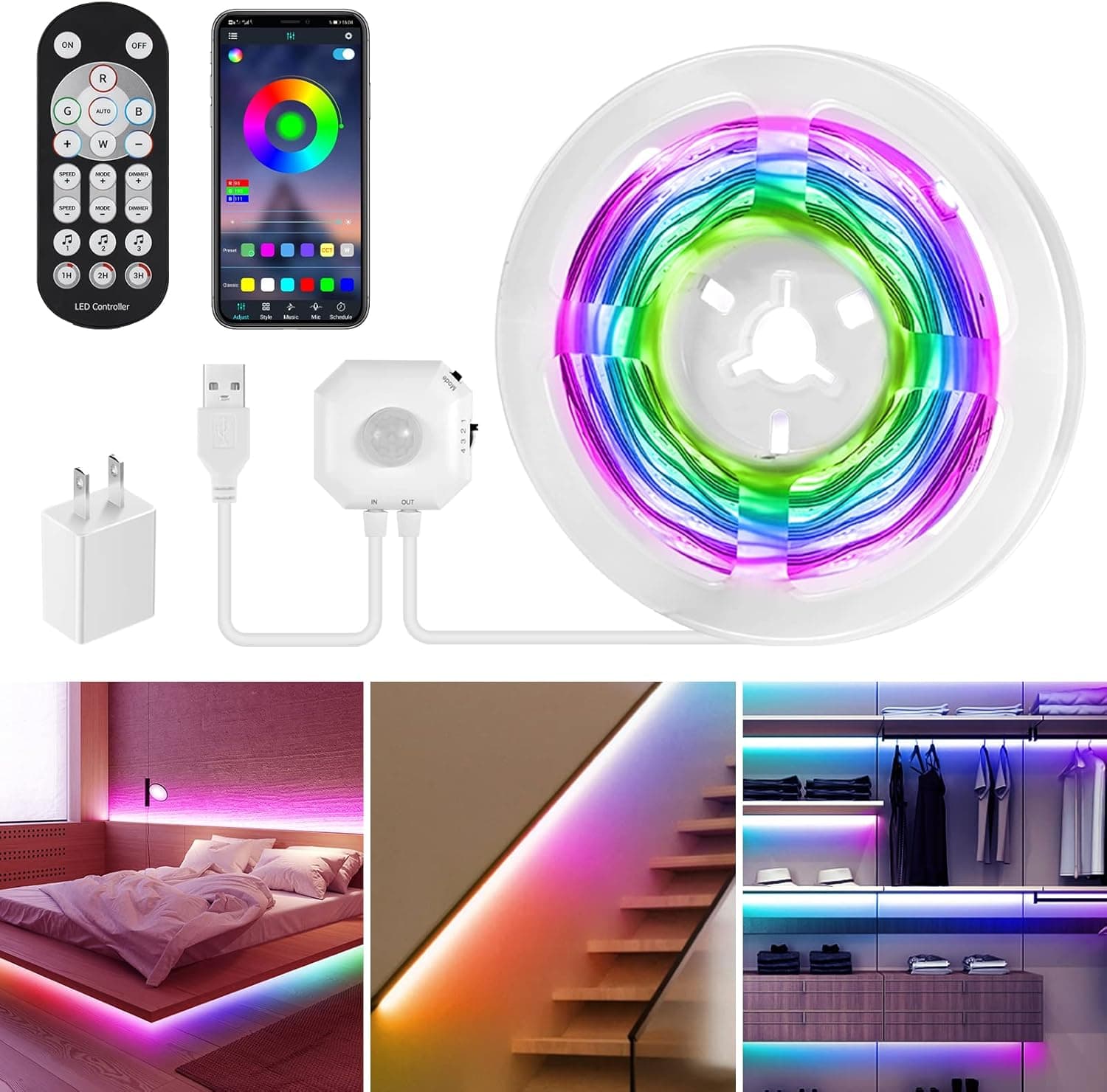 Motion Sensor Under Bed Lights, 9.8ft Colour Changing Motion Activated LED Light Strip with App & 2.4G RF Remote, 5V USB Stairs Light with Automatic Shut Off Timer for Bed,Wardrobe,Cabinet,Stair Decor