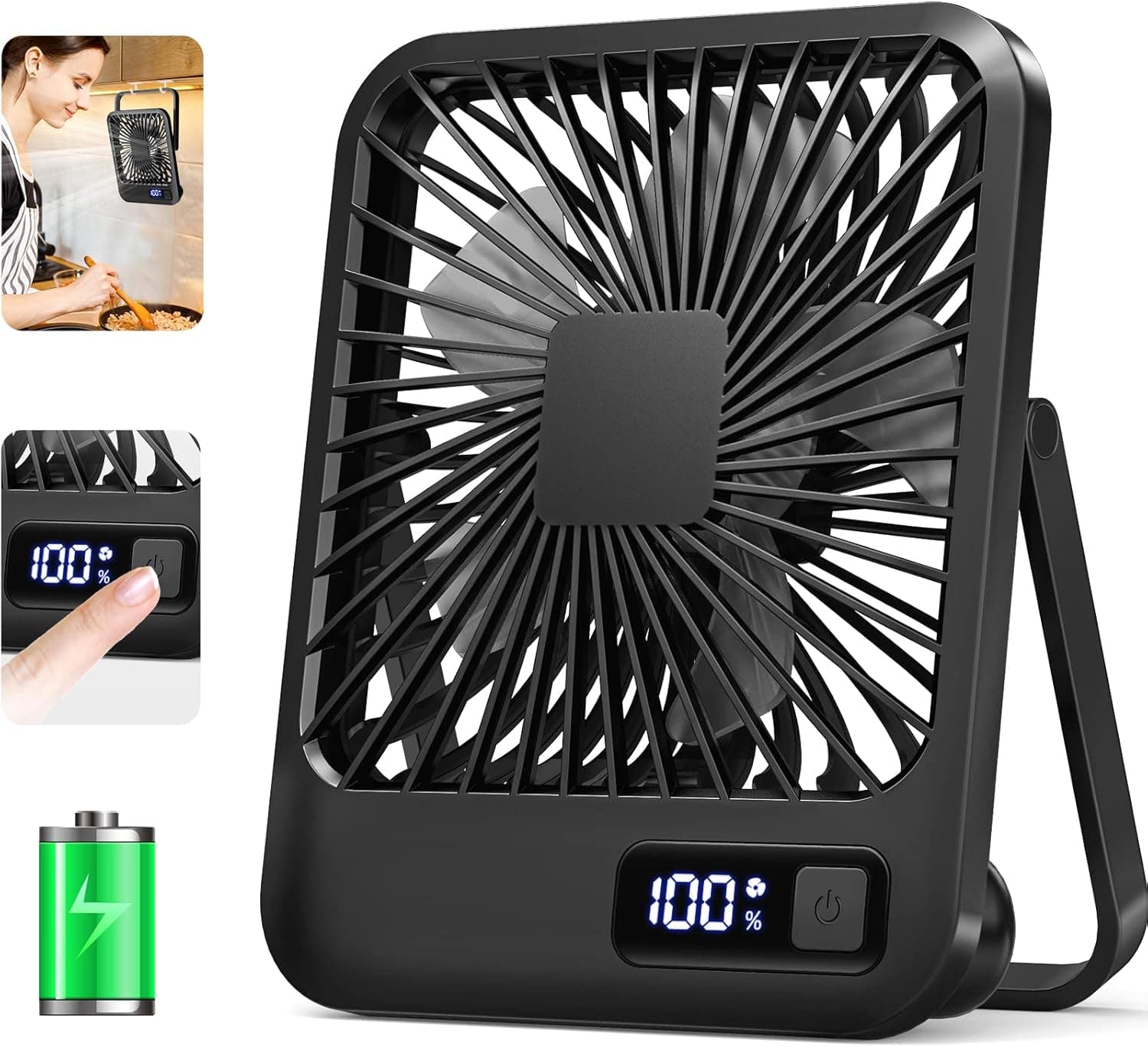Mikikin Table Fan Battery Operated Fan, 2000mAh 180° Foldable Portable Personal Desk Fan With Power Display, Ultra Quiet Desktop Fan Suitable for Home Office Travel Desktop Outdoor, 5 Speeds(Black)