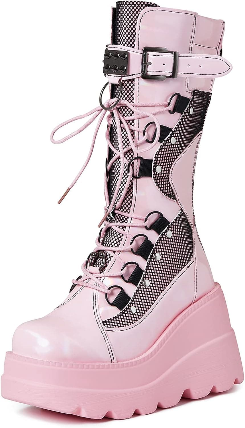 mikarka Womens Holographic Platform Mid Calf Combat Boots Lace Up Wedge Heel Studded Goth Knee High Boots