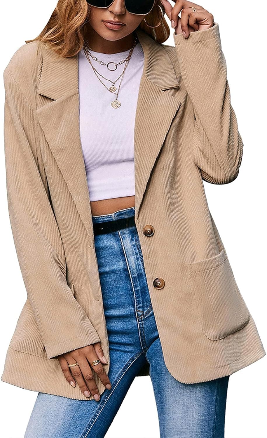 Women Corduroy Fall Jacket Vintage Long Sleeve Solid Color Button Down Lapel Collar Loose Blazer Casual Coat