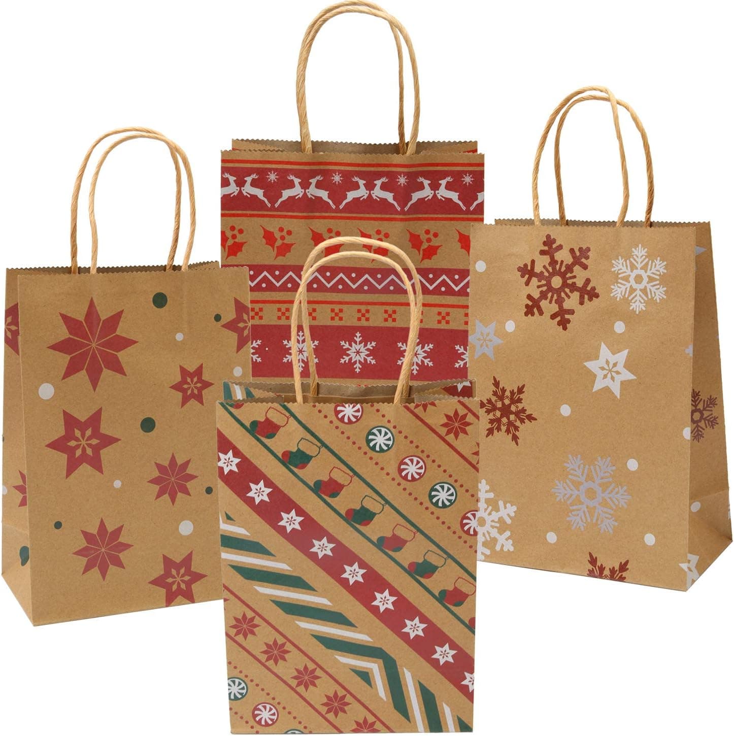 Elcoho 12 Pieces Christmas Kraft Bags Holiday Party Bag Shopping Bags Paper Bags with Handle for Christmas Decorations
