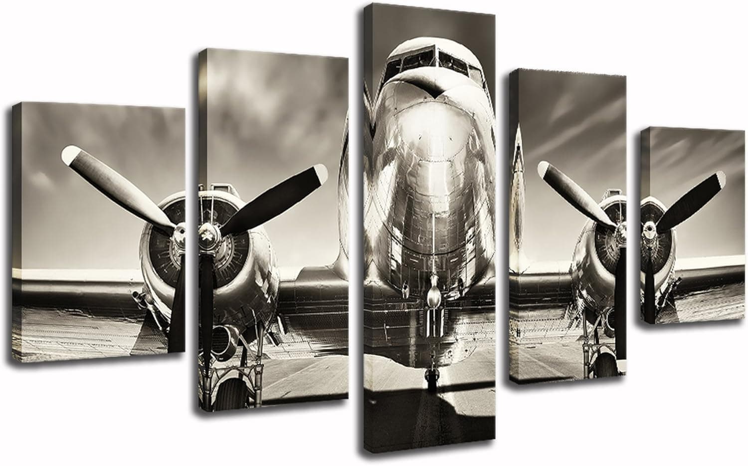 KLVOS - 5 Pieces Vintage Wall Decor Painting Retro Airplane on the Runway Premium Quality Canvas Printed Wall Art Poster with Wooden Frame for Living Room Ready to Hang 32"x60" in total