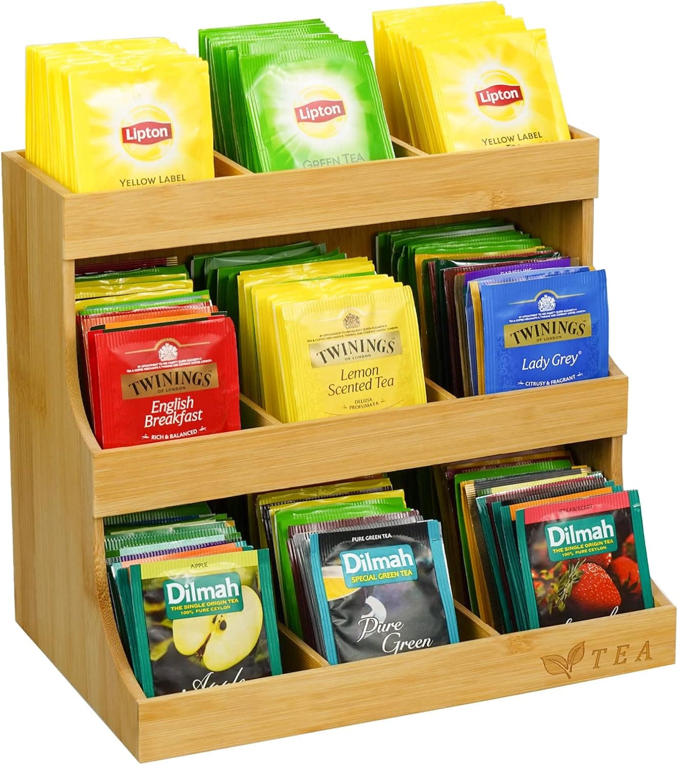 FUHUIM Bamboo Tea Bag Organizer,3 Layer Tea Bag Holder Boxes for Kitchen, Office, Coffee Shop, Tea storage for Tea Bags, Coffee, Sugar and Creamers