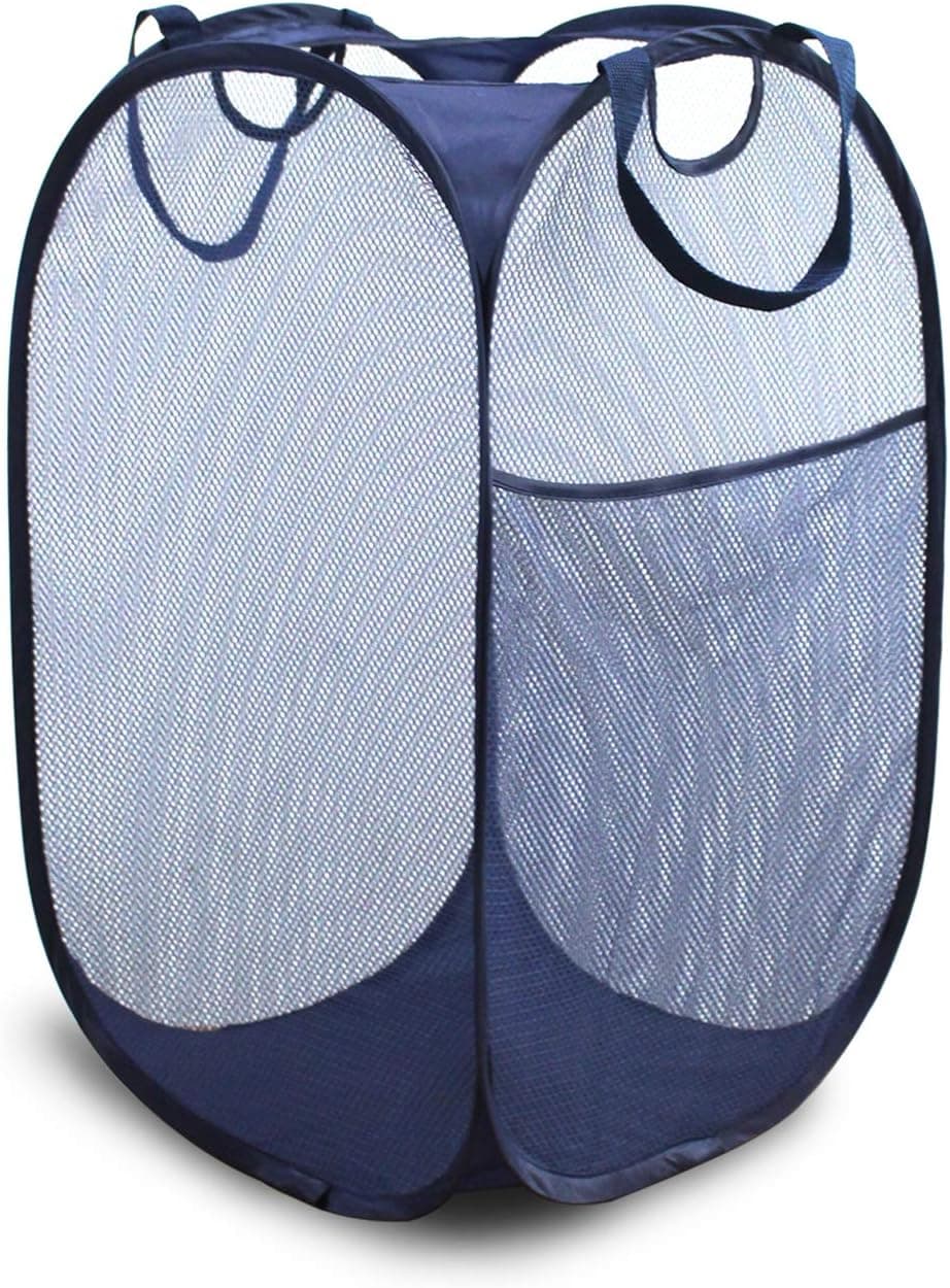 Pop Up Laundry Hamper with Side Pocket and Sturdy Handles,Easy To Carry and Stand Up,Foldable Mesh Popup Hamper for Kids and Adults(Blue)