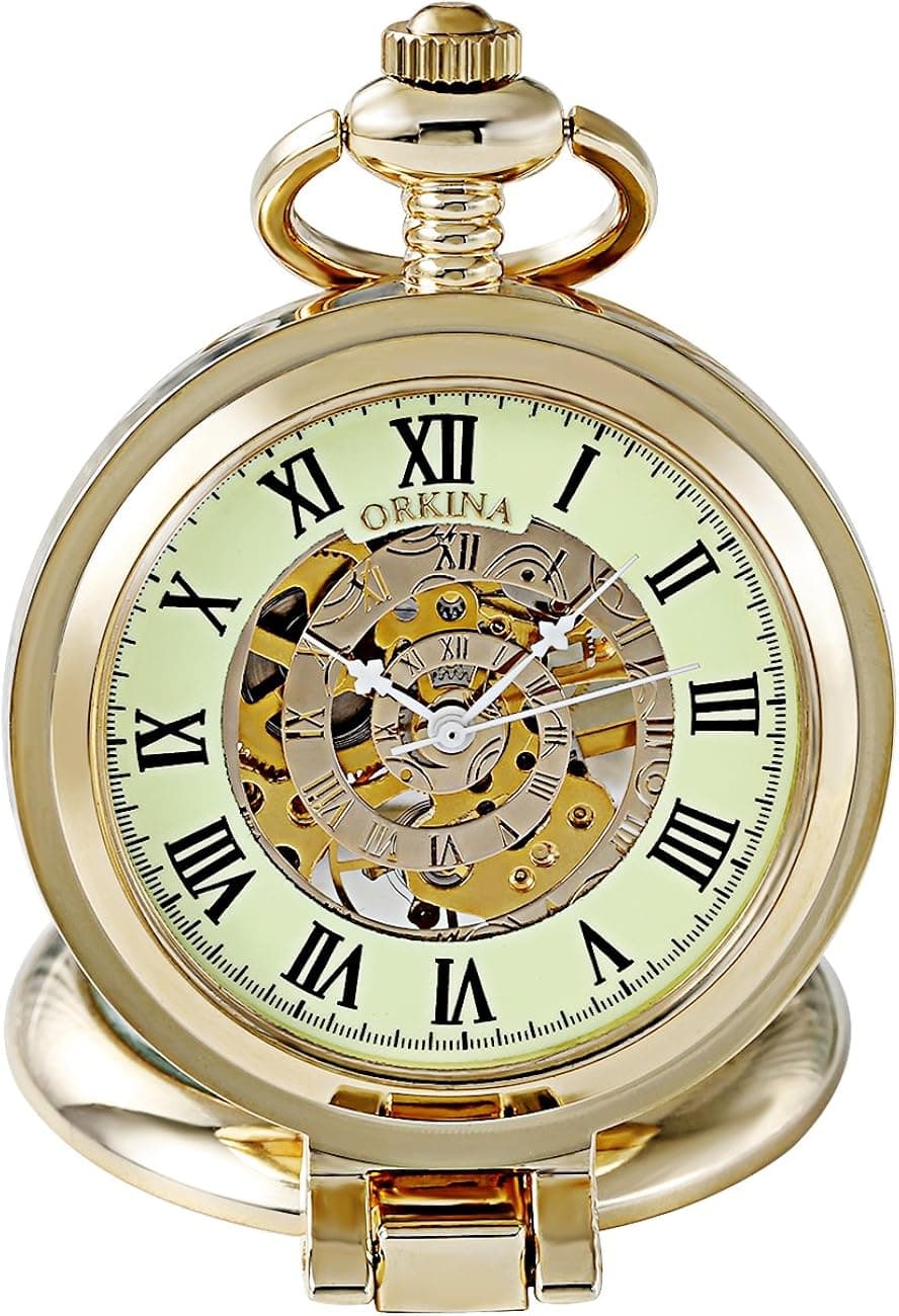 Vintage Style Skeleton Mechanical Hand-Wind Pocket Fob Watch Stainless Steel Case with Magnifier Cover