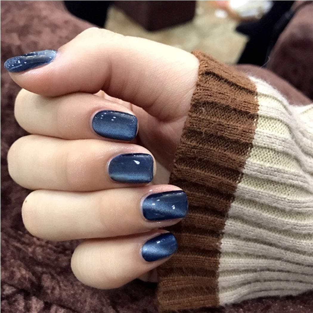Kakaco Square Blue Press on Nails Short Glossy Fake Nails Cat Eye False Nails Full Cover Acrylic Nails for Women and Girl (Pack of 24)