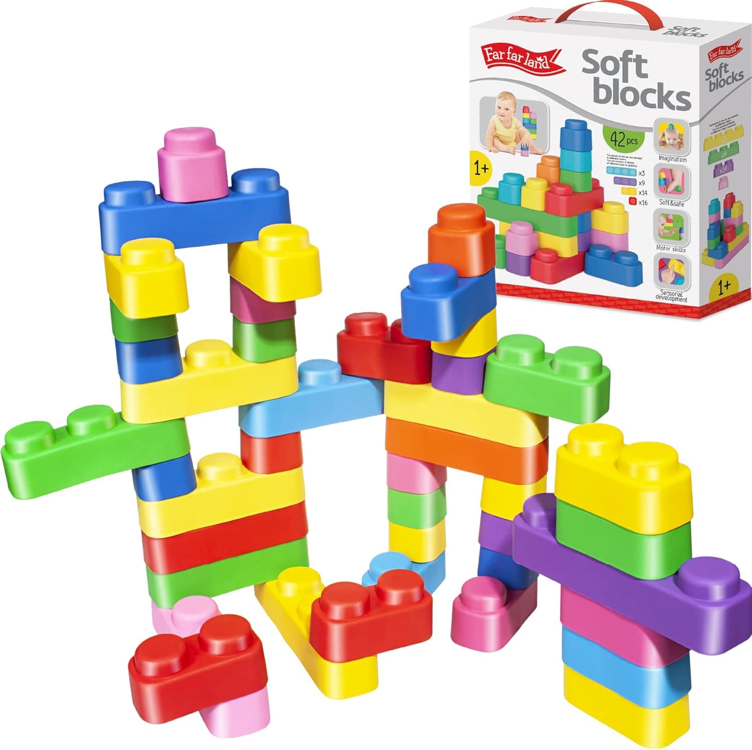 Far far land Super Soft Building Blocks for Toddlers 1-3 - Set 42Pcs - Soft Blocks for Baby
