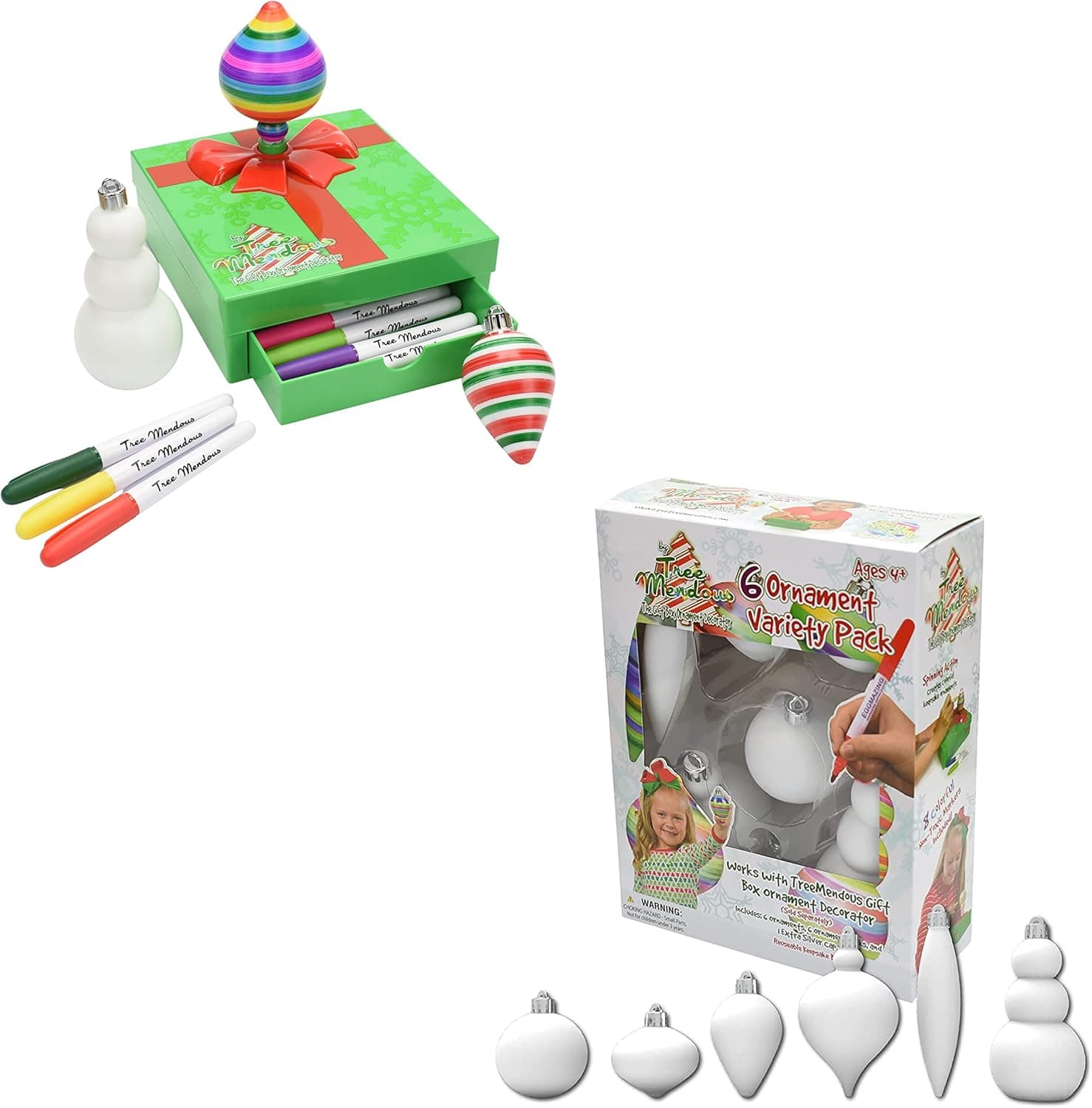The Gift Box Ornament Decorator by Treemendous + 6 Pack Variety Ornament Refill - Christmas Tree Ornament Decorating Kit - Holiday Arts and Crafts Activity for Kids Ages 3 and Up