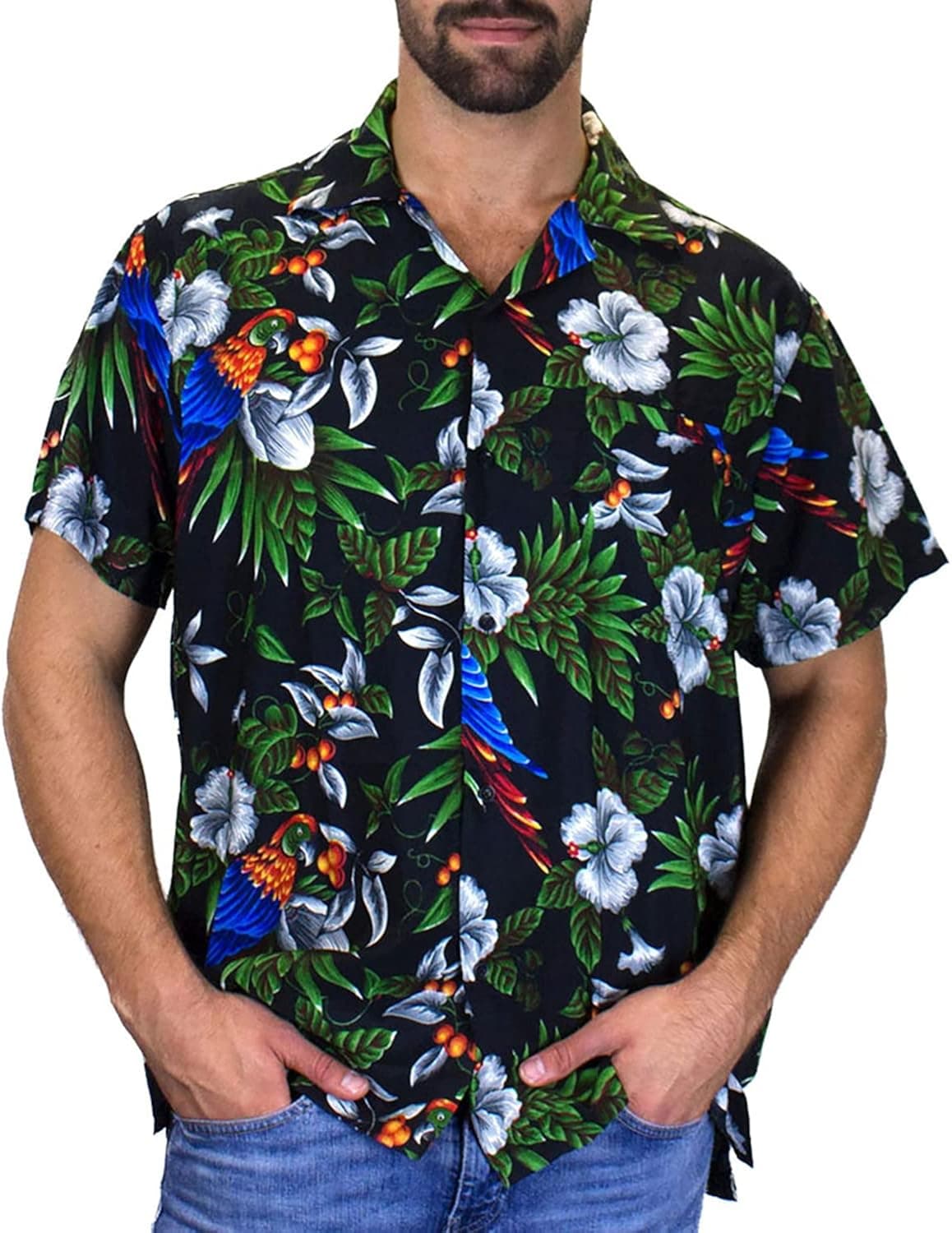 Funky Hawaiian Shirt Men Shortsleeve Frontpocket Hawaiian-Print Cherry Parrots Party Flowers