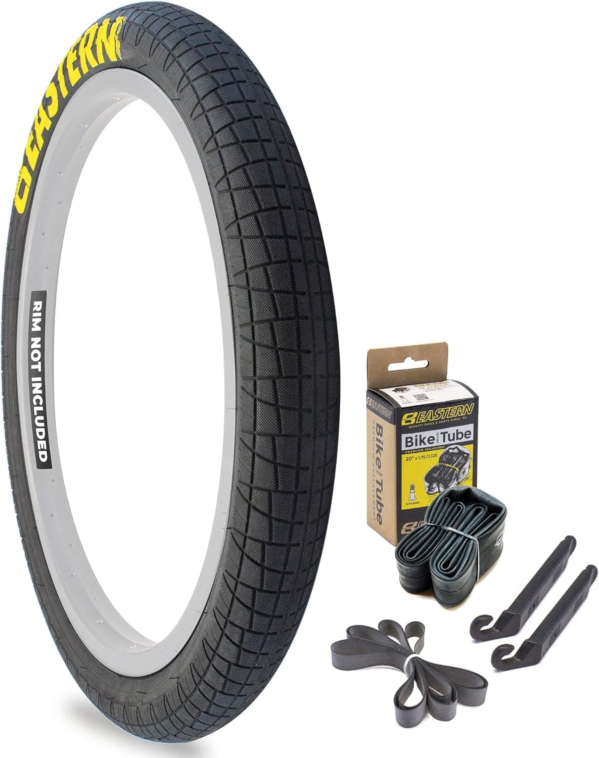 Eastern Bikes Throttle 20 inch BMX Tires Available with or Without Tubes, 2.2, 2.3 and 2.4 Inch Widths, White or Yellow Logo.