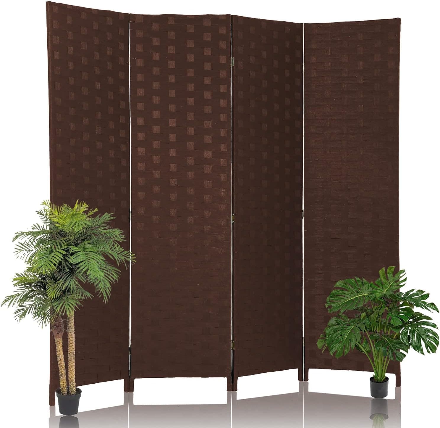HCY Room Dividers, 4 Panels 6Ft Folding Privacy Screen Wood Mesh Hand-Woven Design for Living Room/Bedroom/Hotel (Brown), 70 inchx71 inch