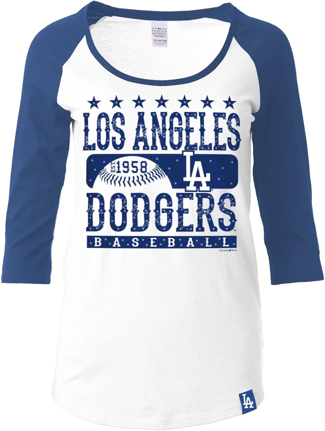 5th & Ocean MLB Los Angeles Dodgers Women's 3/4 Sleeve Scoop Neck Tee with Contrasting Sleeves, White, Small