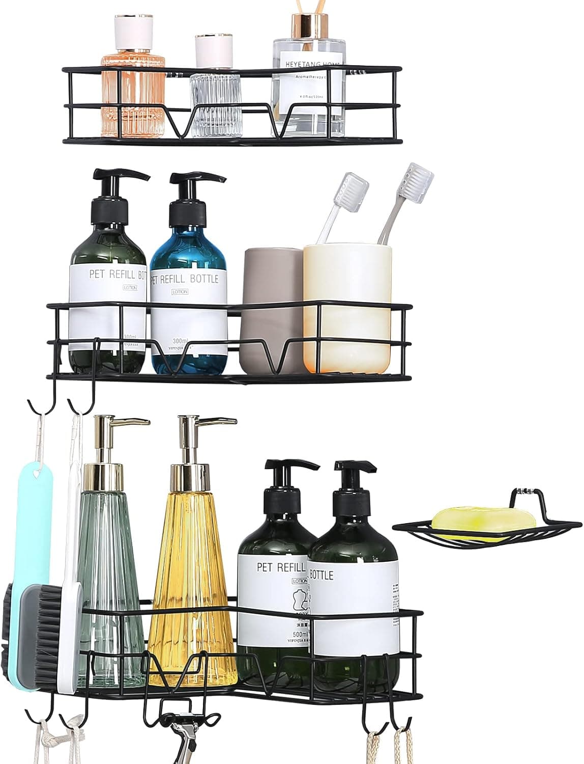 Wowelife Corner Shower Caddy with Soap Holder and Shaver Hook for Bathroom, No Drilling Traceless Adhesive Shower Wall Basket Shelves, Rustproof Shower accessories (Stainless Steel 3×Shower Shelves)