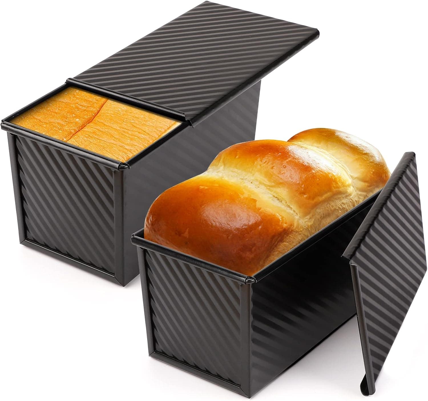Beasea Pullman Loaf Pan 2 Pack, 1 lb Non-Stick Bread pan With Lid Carbon Steel Corrugated Bread Toast Box Mold With Cover For Bakeware Bread, Baking Tools Bread Mold Toast For Oven Baking