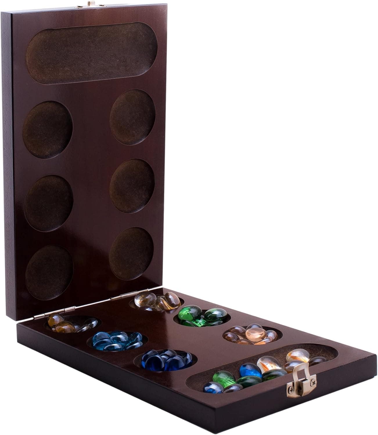 Mancala Board Game Set by GrowUpSmart with Dark Folding Wooden Board + Beautiful Multi Color Glass Beads - Smart tactical game for kids and adults - Easy to store Travel Size [Unfolds to 17.13 inches]