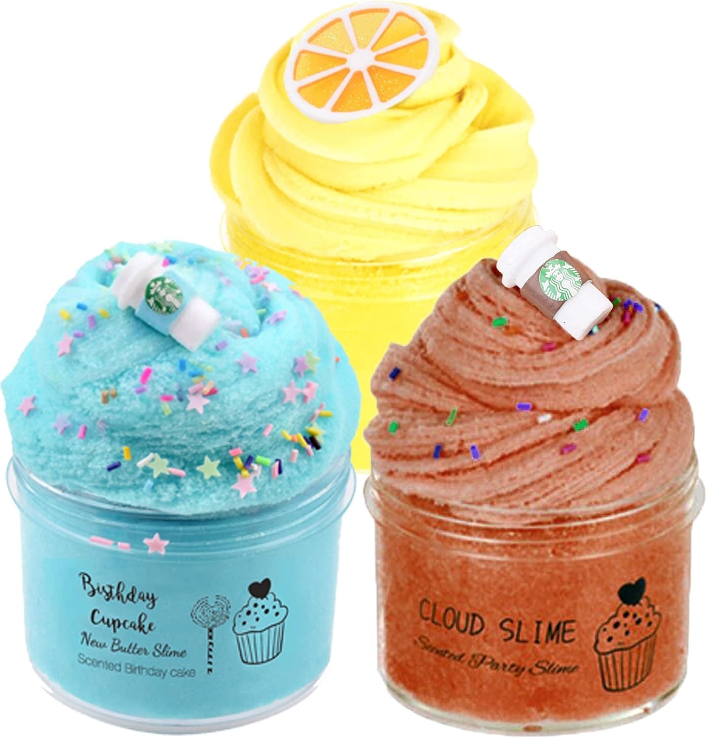 Partyfirst 3 Pack Cloud Slime Kit, with Lemon, Coffee Slime, Birthday Gifts for Girl and Boys, Super Soft and Cloudy, Yellow Brown Blue