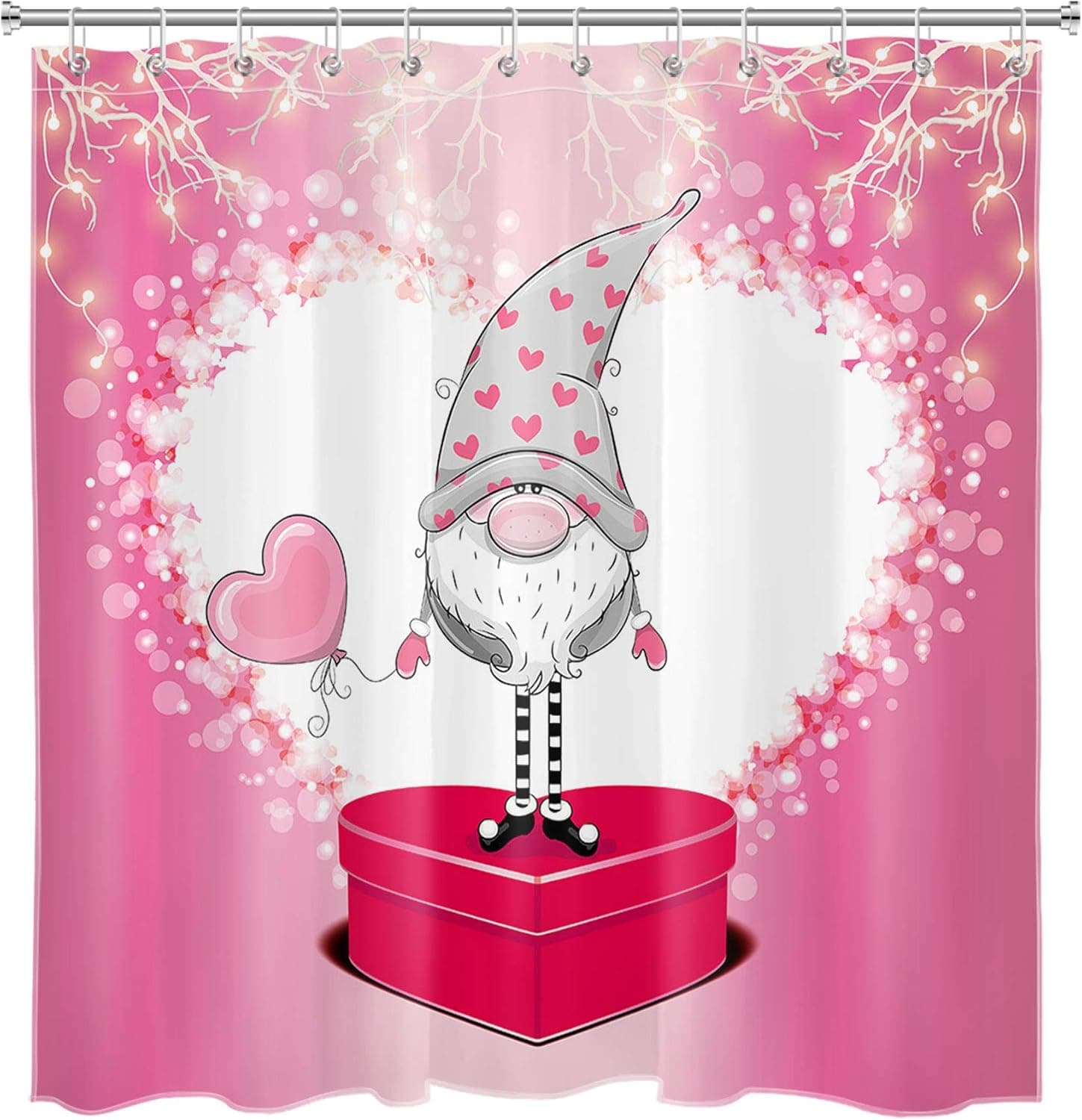 LB Funny Gnome Shower Curtain Set Pink Heart Bubbles Elf Romantic Lovers Girls Kids Bathroom Curtain with Hooks 72x72 inch Waterproof Polyester Fabric Bathroom Decorations