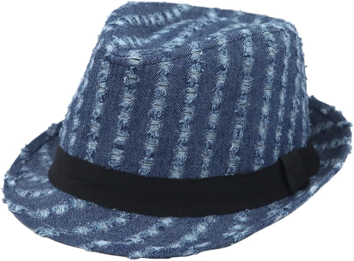 Premium Distressed Jeans Fabric Black Band Fedora Hat