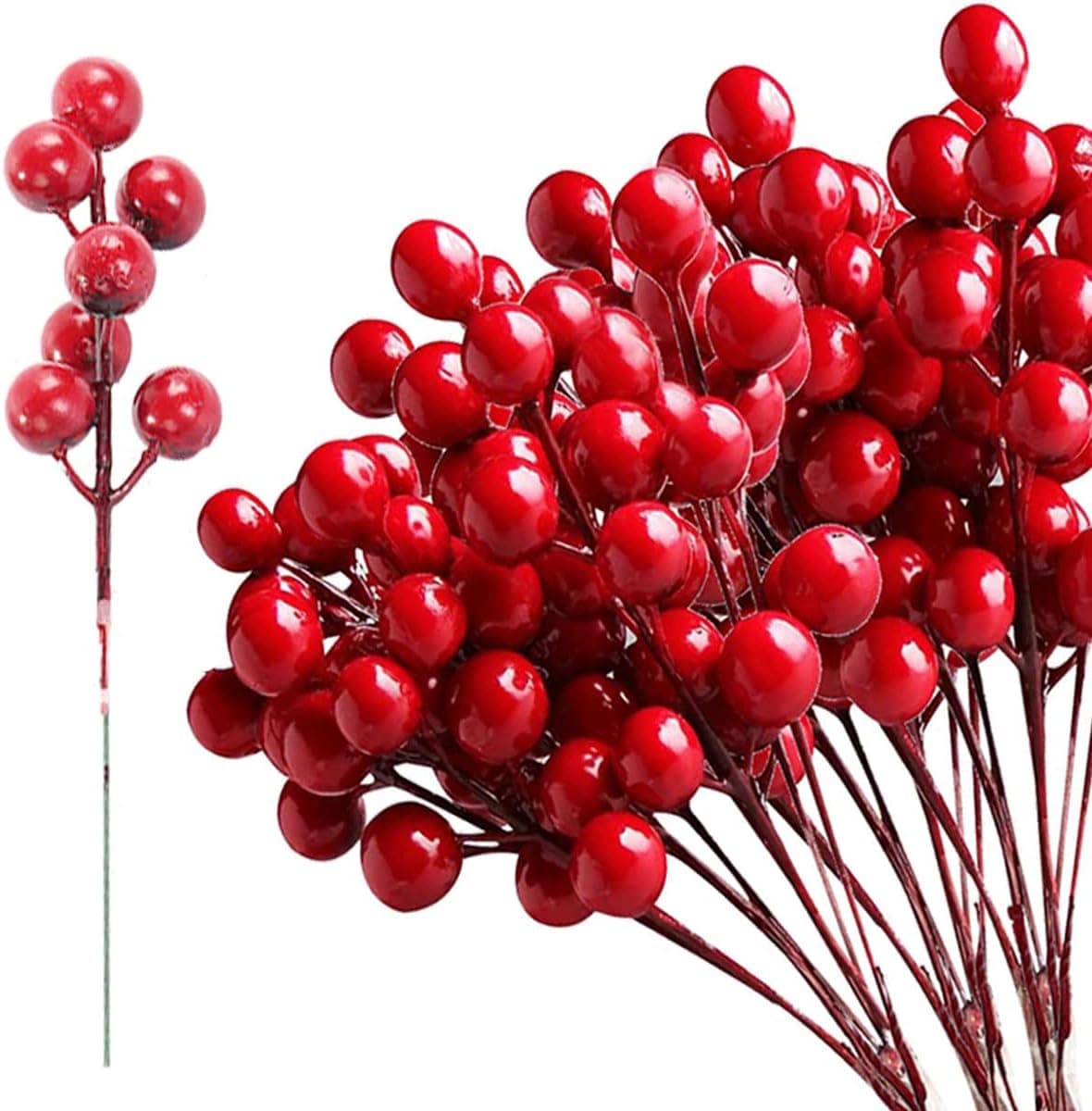 JK-GMTE 42Packs Artificial Red Berry Stems Holly Berry Branches Fake Burgundy Berries Picks for Christmas Tree Xmas Wreath Decorations Floral Holiday Home DIY Crafts Decor (42, 7.2INCH)