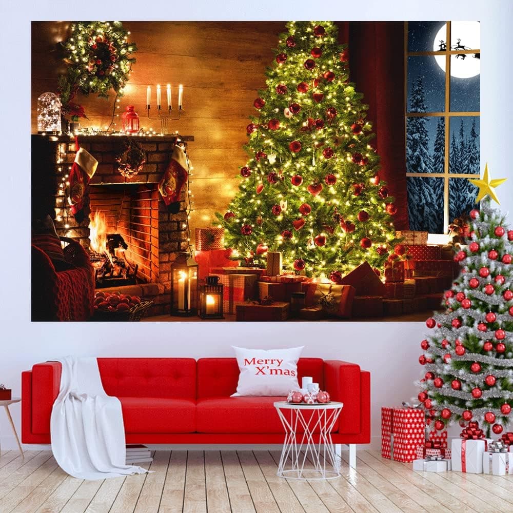 7x5ft Christmas Fireplace Backdrop Holiday Window Interior Vintage Warm Fire Flaring Tree Stockings Gifts Winter DLH0D399UU 0