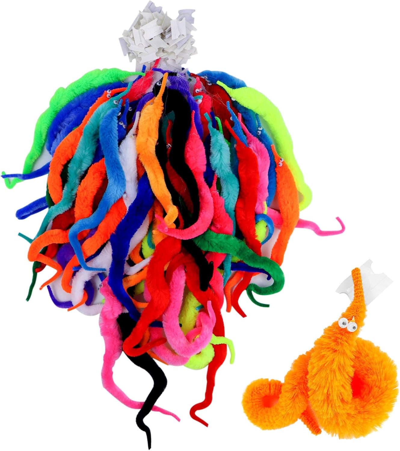 HAPTIME Worm on a String, Fuzzy Worms with Wiggle Eye, Trick Toy, Pet Toy, Classic Party Favors Bag Fillers Christmas Stocking Stuffer Gifts (64 Pcs,16 Diffrent Colour)