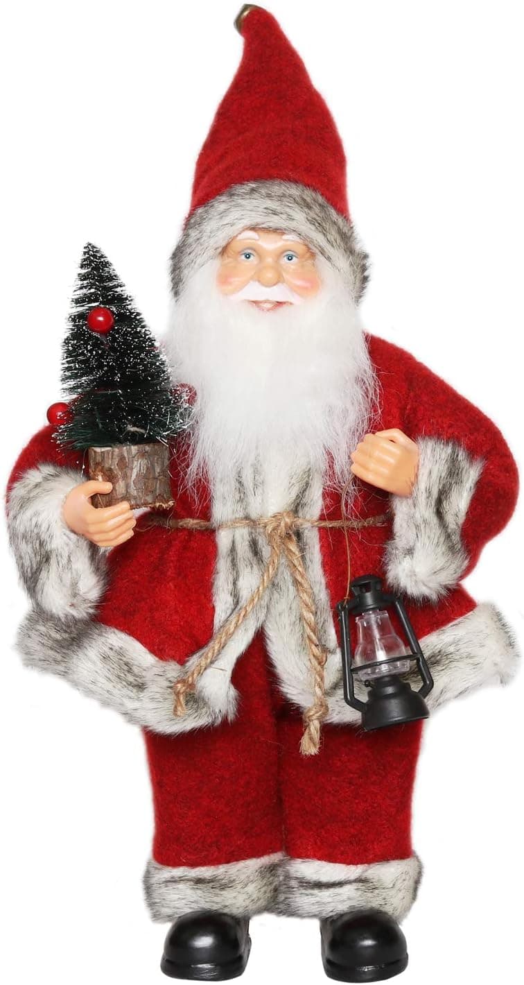 CHENGMON Christmas Santa Claus Ornament Decoration Figurine Collection Standing Tradition Tabel Decor Red Black with Oil Lamp and Pine Tree 12" Inch