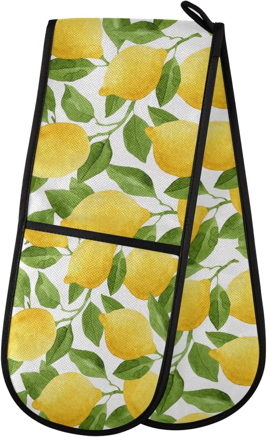 Tropical Lemon Leaves Double Oven Mitt 7 X 35 Inches Fruit Bright Yellow Lime Lemons Tree Oven Gloves Mitts Heat Insulation Home Kitchen Cooking for Pot Holder BBQ Grilling Baking Decor Gifts