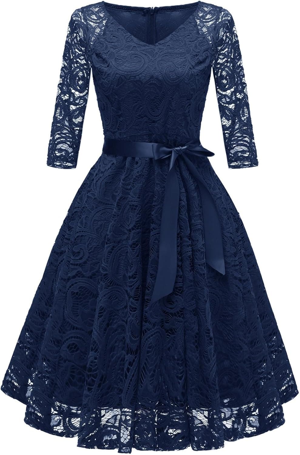 Chowsir Women Fashion V-Neck Formal Lace Evening Party Prom Midi Dress