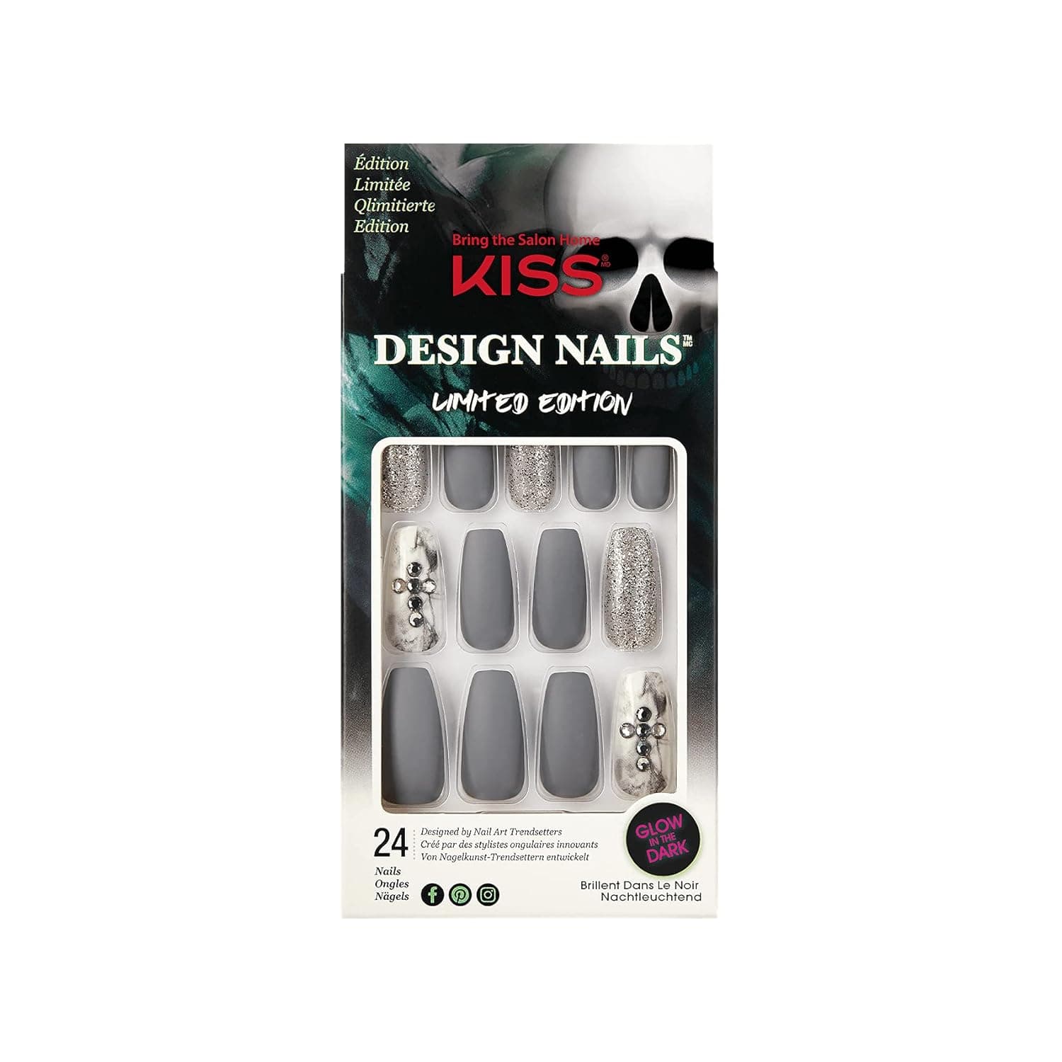 Kiss Gel Fantasy Limited Edition Halloween Design Nails - Howling Sound, Long Length, Coffin Shape, 24 Fake Nails