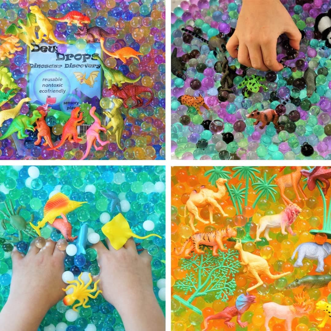 SENSORY4U Water Beads Sensory Bin Therapy Kits - 4 Dew Drop Sets Included - Ocean Explorer, Jungle Excursion, African Safari, Dinosaur Discovery.