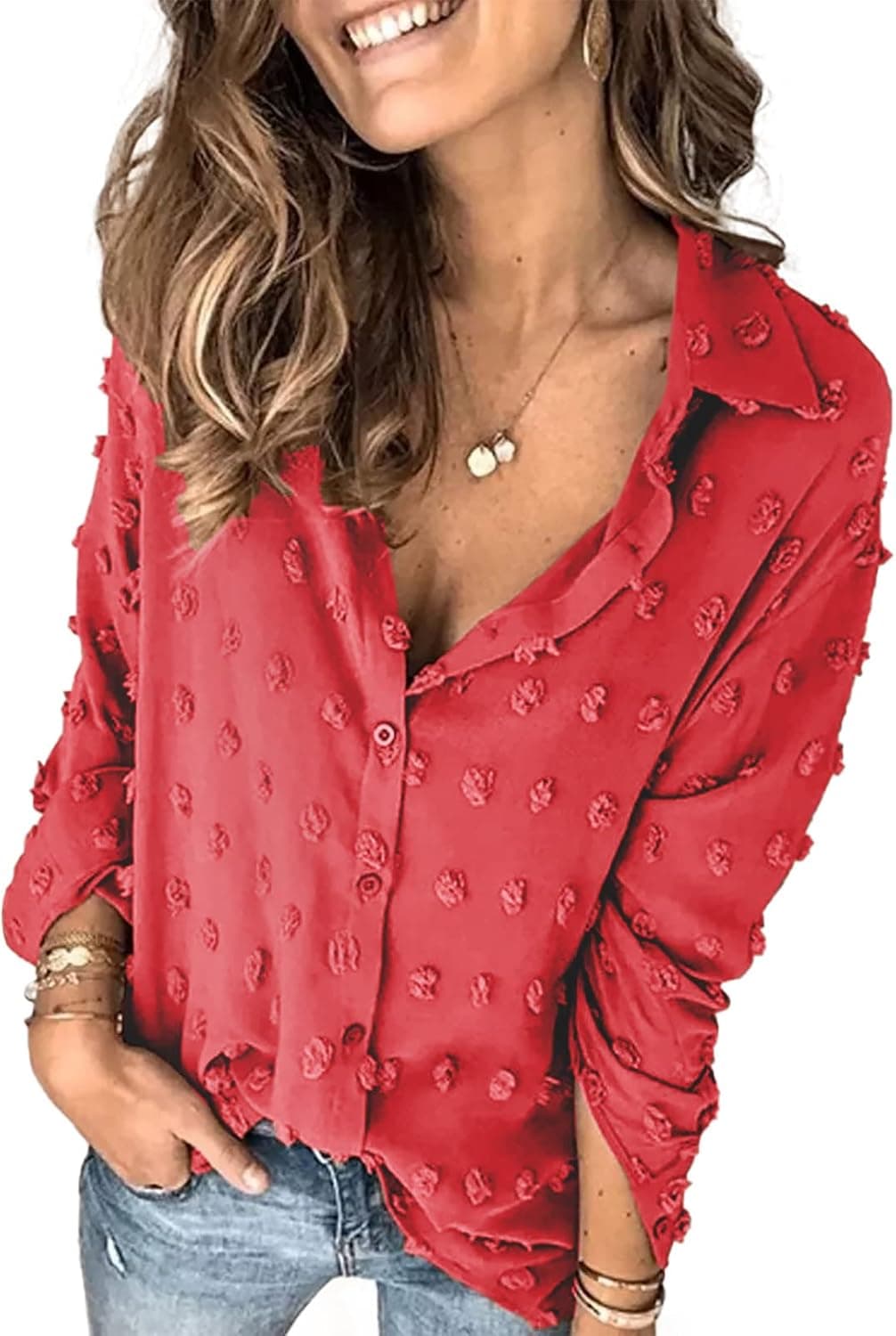 Sidefeel Womens Casual V Neck Swiss Dot Polka Dot Pom Pom Button Down Shirt Solid Long Sleeve Chiffon Blouse Tops Red X-Large