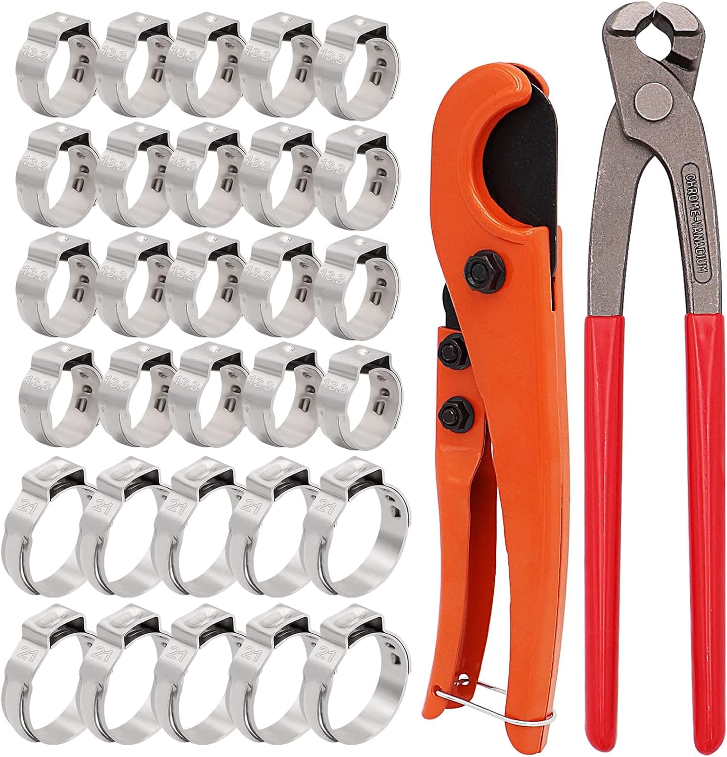 TuoLauthon Ear Clamp Pliers Pincer Crimper Tool and PEX Pipe Cutter for 1/8 inch-1 1/4 inch Tube with 3/4-inch 10PCS ,1/2-inch 20PCS Stainless Steel Clamps