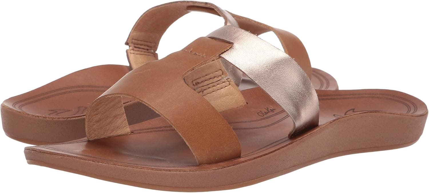 OluKai Kaekae Lile Women's Leather Slide Sandals Sahara/Bubbly - 7