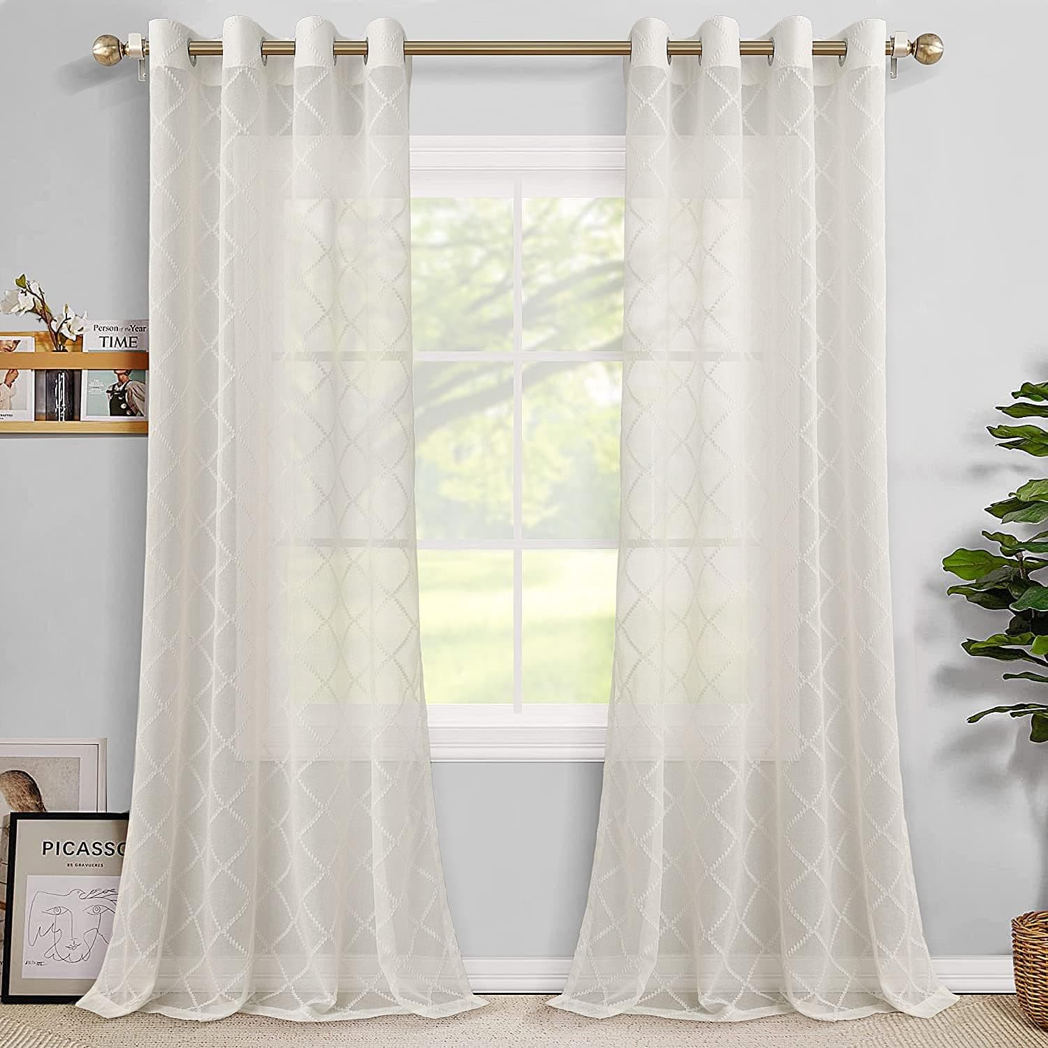 Nanspring Ivory Sheer Curtains 96 inches Long, Geometric Embroidered Sheer Curtains for Living Room Bedroom,Grommet Diamond Pattern Semi Voile Window Curtains, 52x96, Cream Whte