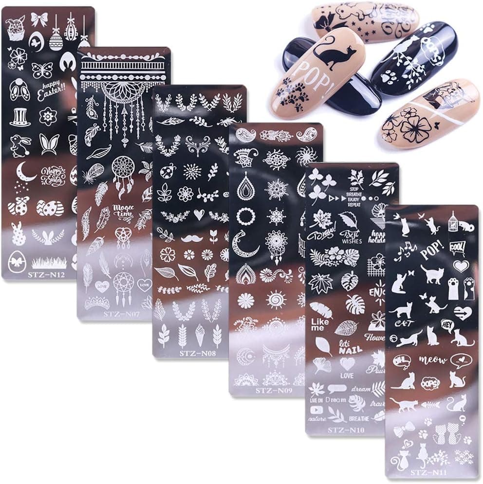WOKOTO 6Pcs Nail Art Stamping Plates Set Cute Cartoon Nail Image Stamping Plate Manicure Template Nail Art Tools