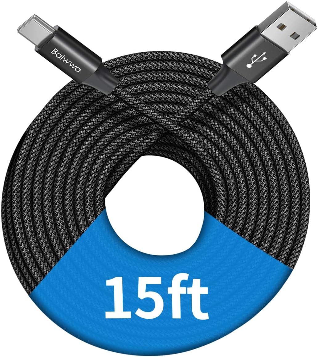 Baiwwa [ 15ft/4.6m ] Extra Long USB C Cable, Premium Nylon Braided USB A to Type C Cable Charger Cord Compatible with Samsung Galaxy Note Tab, Moto, LG, Pixel and More USB C Smartphone & Tablet