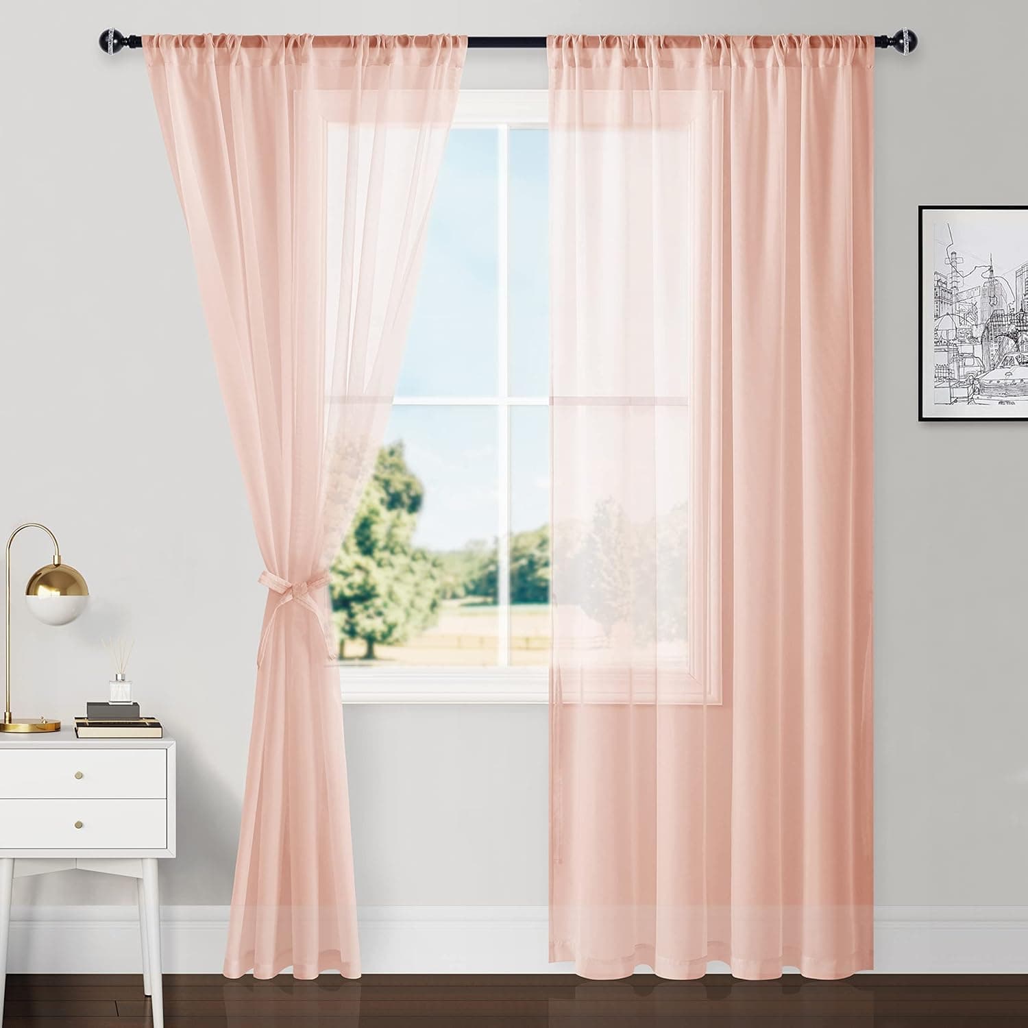 Hiasan Sheer Curtains 84 Inches Long with Tiebacks, Light Filtering Semi Transparent Lightweight Voile Rod Pocket Window Curtains for Bedroom, Living Room, W52 x L84, Blush Pink, Set of 2 Panels