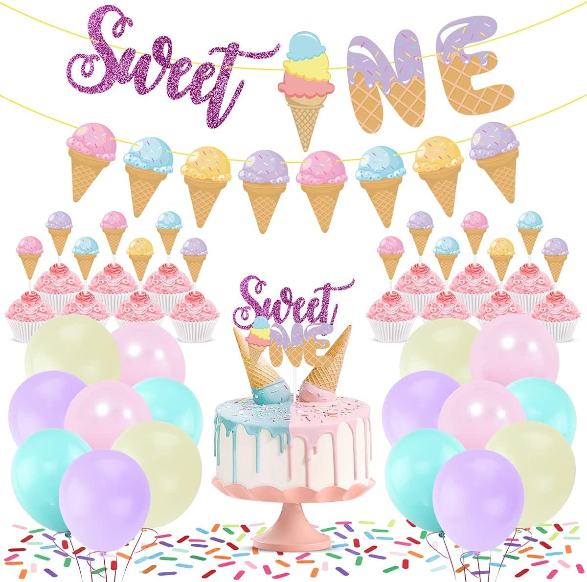 Ice Cream First Birthday Party Decorations, Ice Cream Sweet One Banner Cake Cupcake Toppers Macaron Balloons for Summer Ice Cream Baby 1st Birthday Girl Ice Cream One Year Old Birthday Party Supplies
