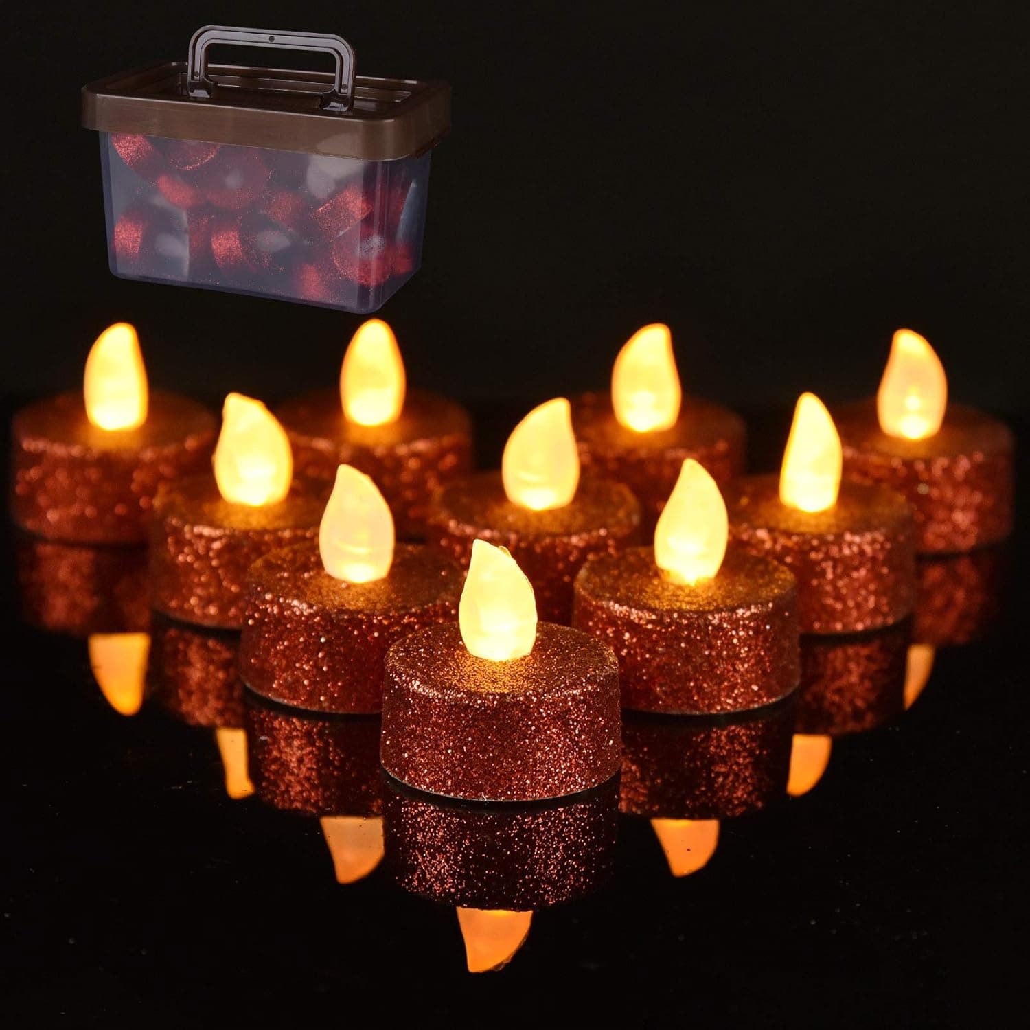 Flameless Tea Lights Candles with Storage Bin, 24Pack LED Glitter Tea Lights Battery Operated, Realistic Votive Candles for Christmas Decorations, Warm White Lamp (Red)